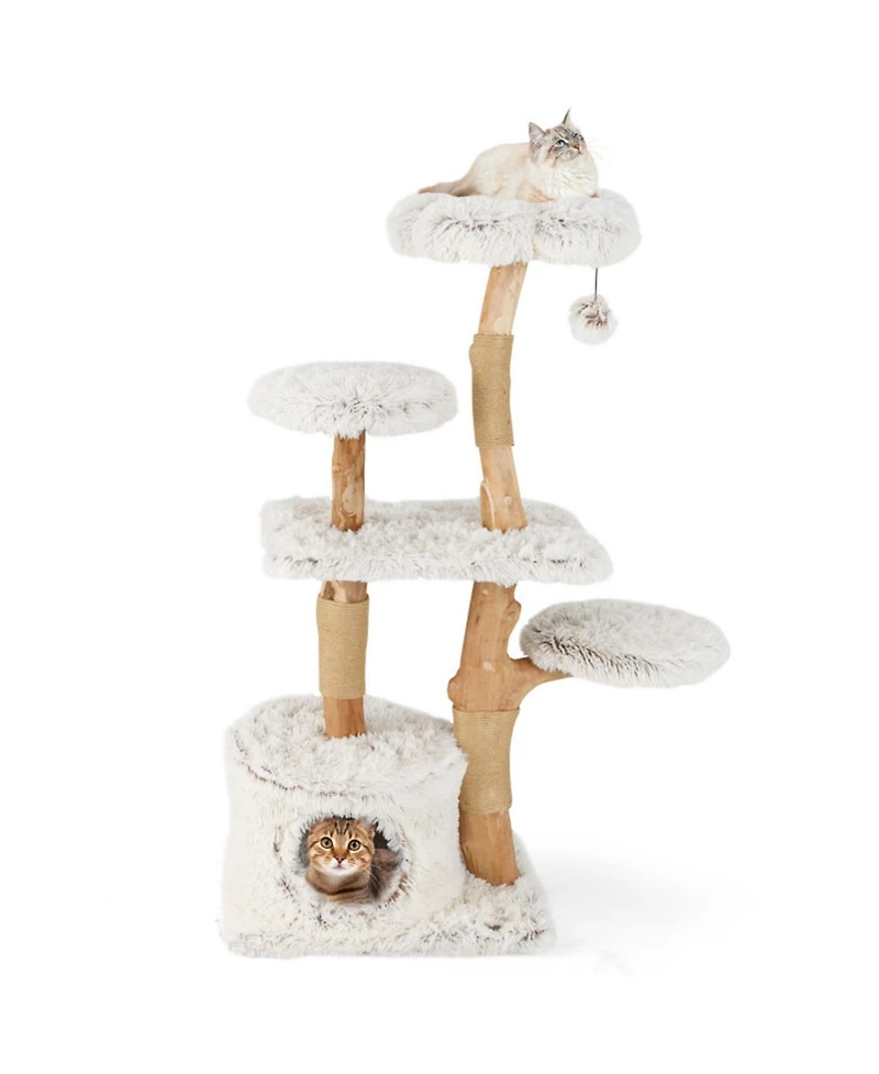 Sugift 53 in Modern Wooden Cat Tree Tower with Natural Branch Jute Scratching Posts and Condo
