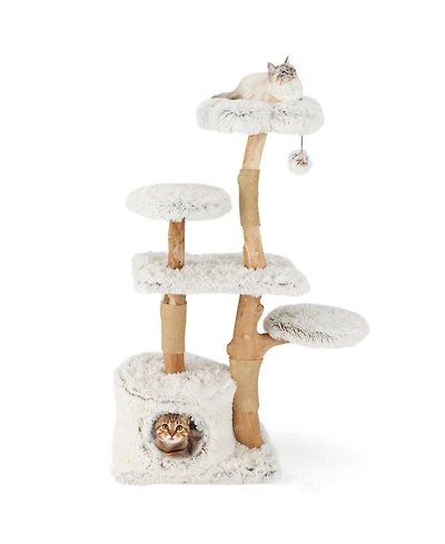 Sugift 53 in Modern Wooden Cat Tree Tower with Natural Branch Jute Scratching Posts and Condo