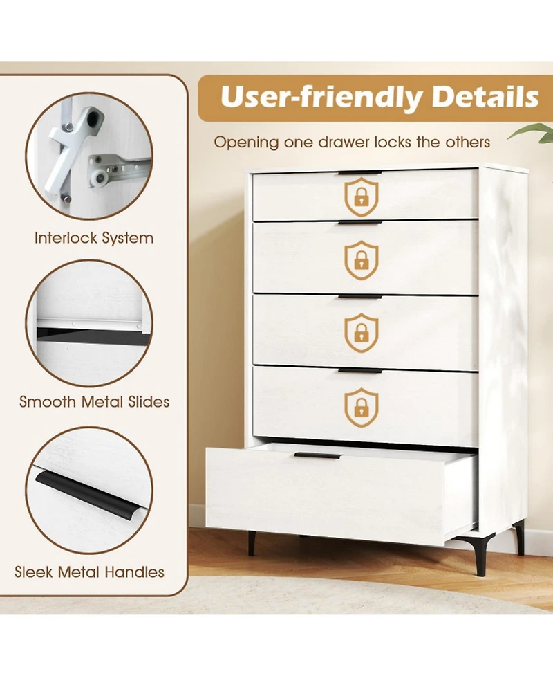 Sugift 5-Drawer Dresser with Interlock System for Bedroom Living Room