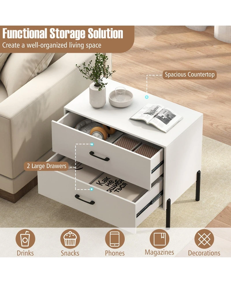 Sugift Set of 2 Modern Wooden Nightstands with 2 Drawers and Metal Legs