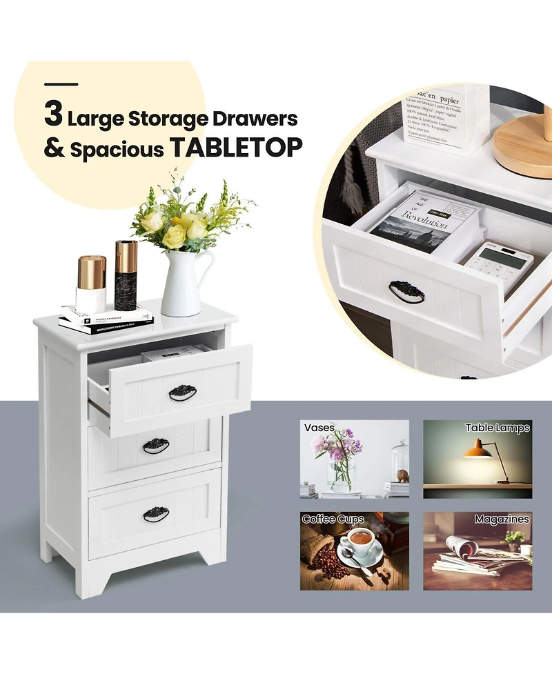 Sugift 3 Drawer Wood End Table Nightstand with Storage