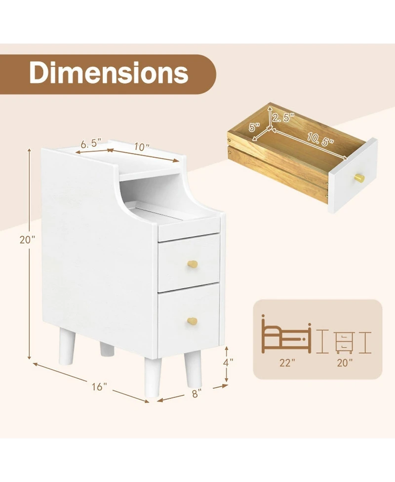 Sugift Set of 2 Solid Wood Night Side Tables with Pull-out Tray and 2 Storage Drawers
