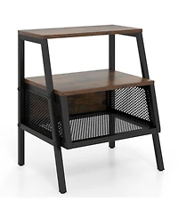 Sugift 3-Tier Industrial Nightstand End Table with 2 Open Shelves and Metal Mesh Compartment
