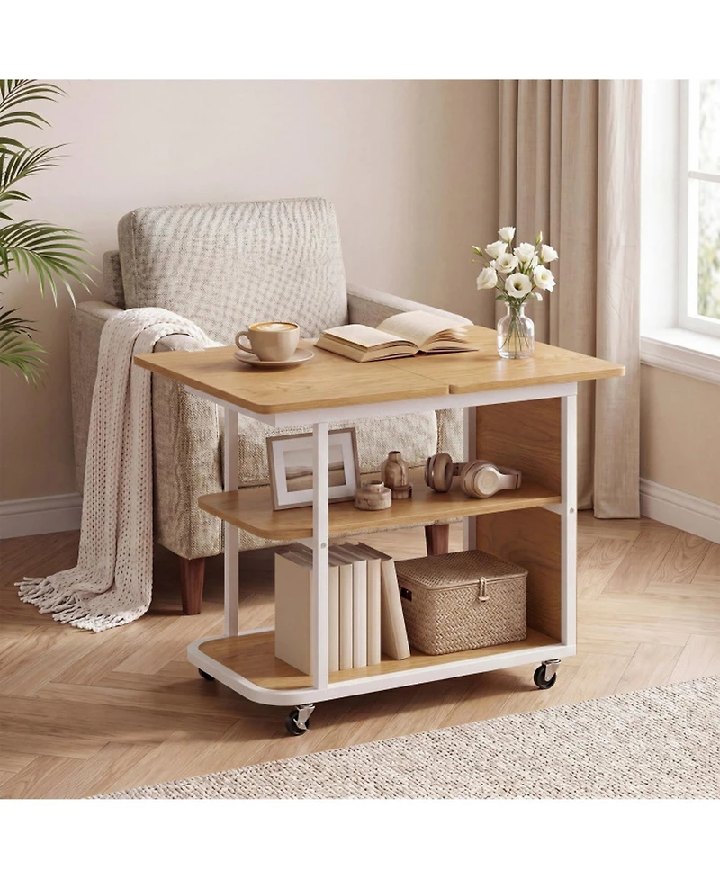 Sugift Mobile Night Stand with Foldable Swivel Top and 2-Tier Shelf for Small Spaces