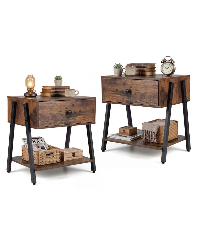 Sugift Set of 2 Industrial Nightstands with Wooden Drawer and Adjustable Foot Pads for Bedroom