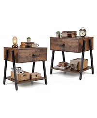 Sugift Set of 2 Industrial Nightstands with Wooden Drawer and Adjustable Foot Pads for Bedroom
