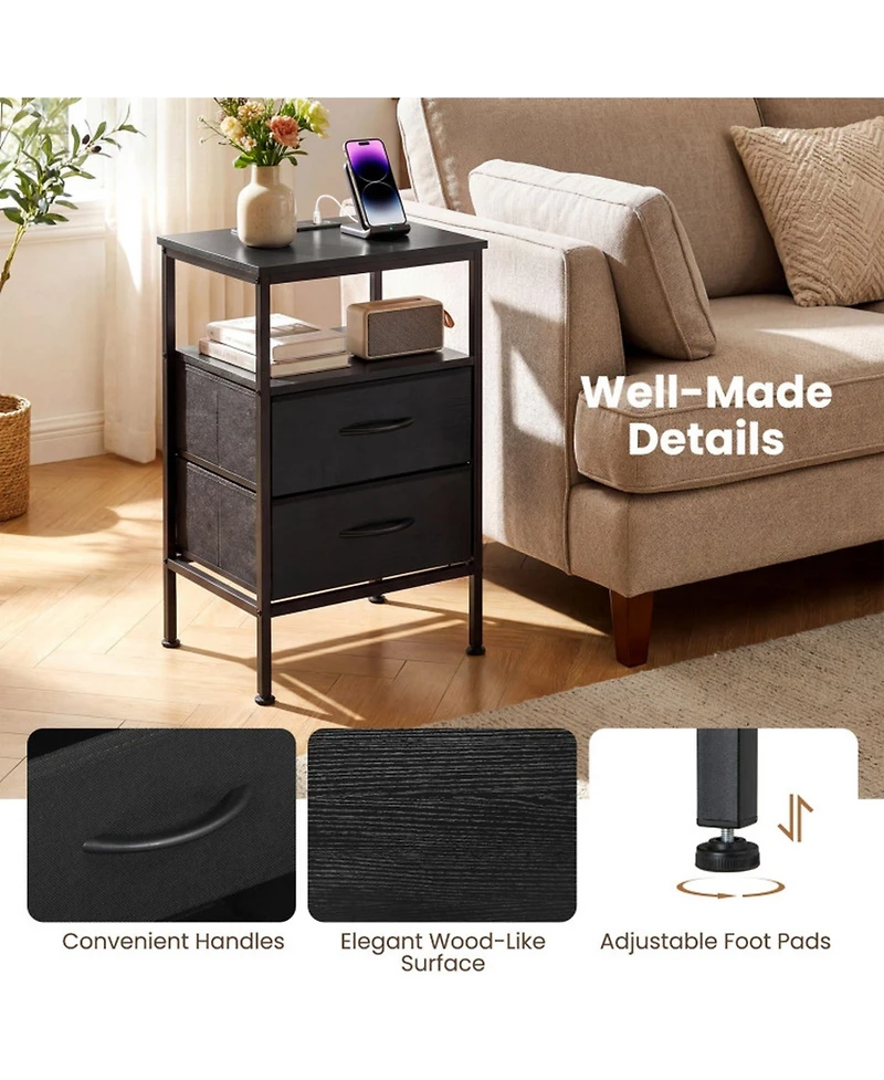 Sugift 24.5 in Modern Nightstand with Charging Station and 2 Fabric Drawers