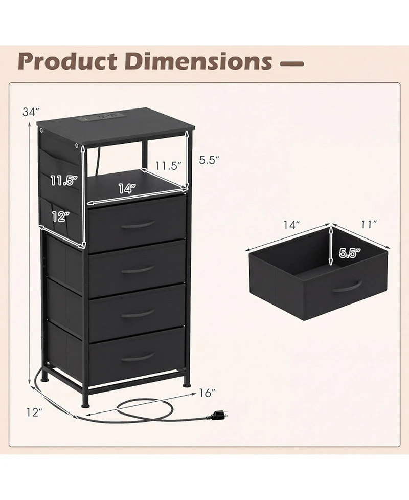 Sugift 34in Modern Nightstand with Charging Station 4 Drawer Bedside Table