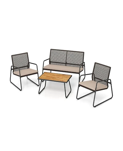 Sugift 4-Piece Patio Furniture Set with Acacia Wood Table and Zippered Cushions