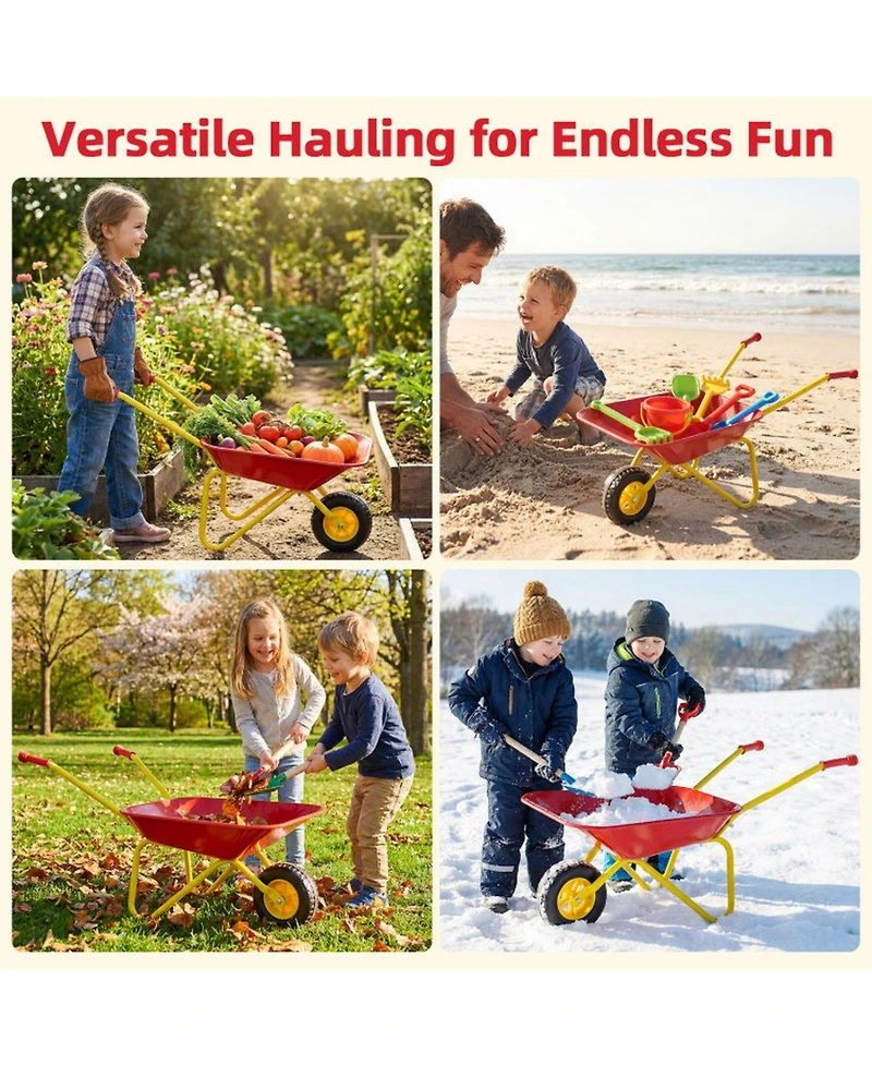 Hongge Kids Metal Wheelbarrow with All-Terrain Wheels and Anti-Slip Handles, Ages 3+