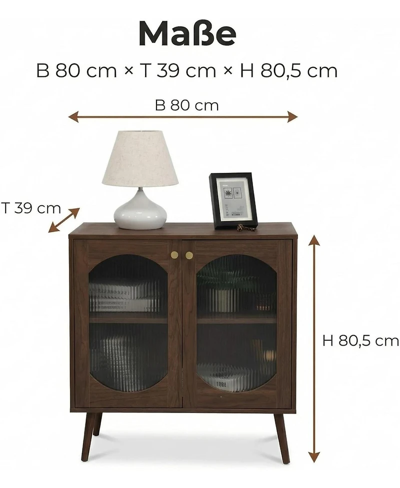 homfan Sleek 2-Door Sideboard Storage Cabinet, Laminated Wood, Fluted Glass Doors, Multifunctional Display Buffet for Living Room, Bedroom, Entryway