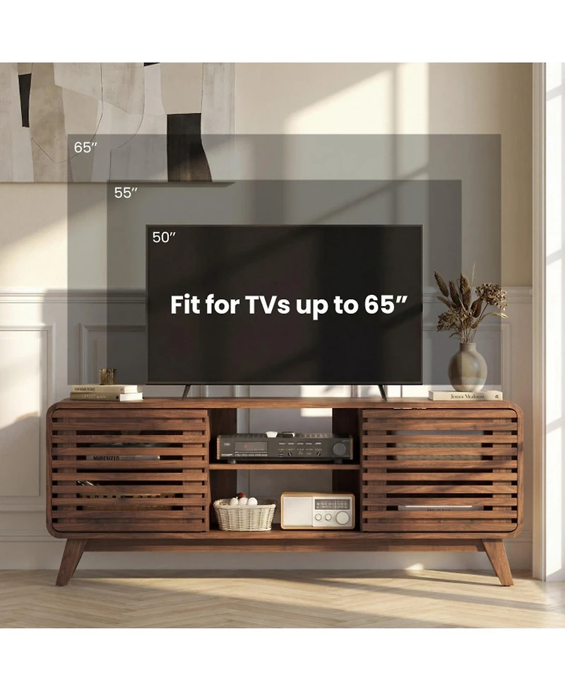 Sugift Mid Century Modern Entertainment Center with Grille-Style Sliding Doors for Living Room