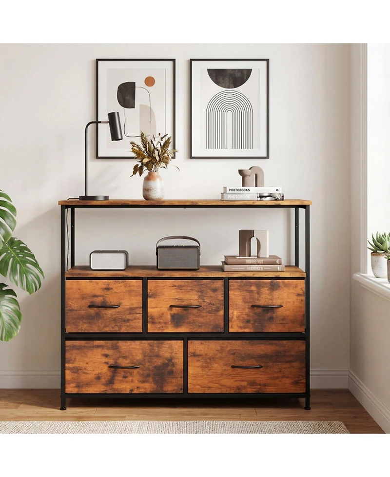 Sugift Tv Stand Dresser for 45 in Tv with 5 Fabric Drawers Entertainment Center