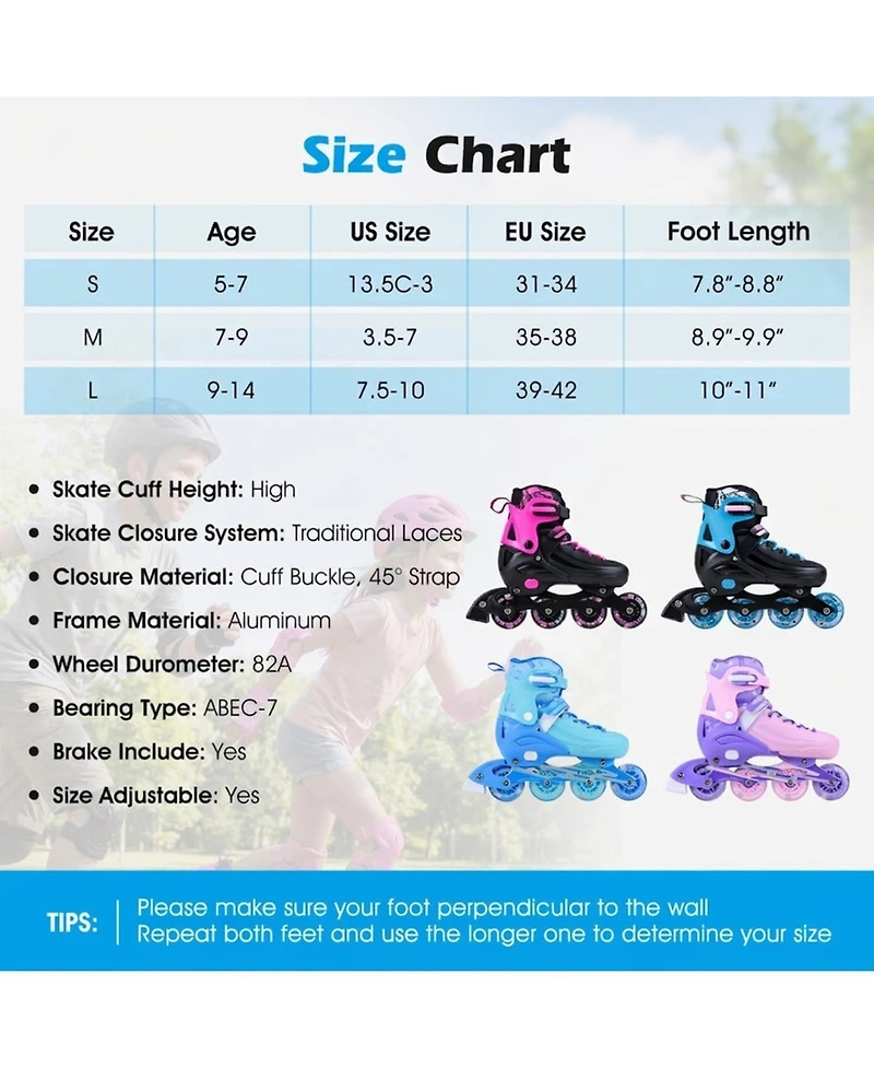 Sugift 4-Size Adjustable Light-Up Kids Inline Skates for Ages 9-14