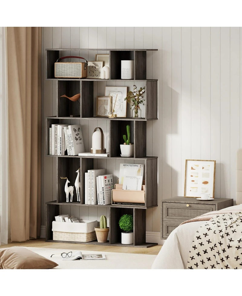 Sugift 5-Tier Geometric Bookshelf Set of 2 with Open and Closed