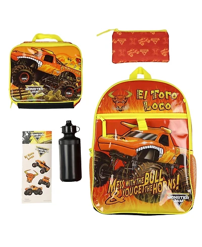 Monster Jam 16 Inch Backpack El Toro Loco 5 Piece Set with Insulated Lunch Box