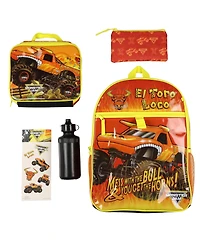 Monster Jam 16 Inch Backpack El Toro Loco 5 Piece Set with Insulated Lunch Box