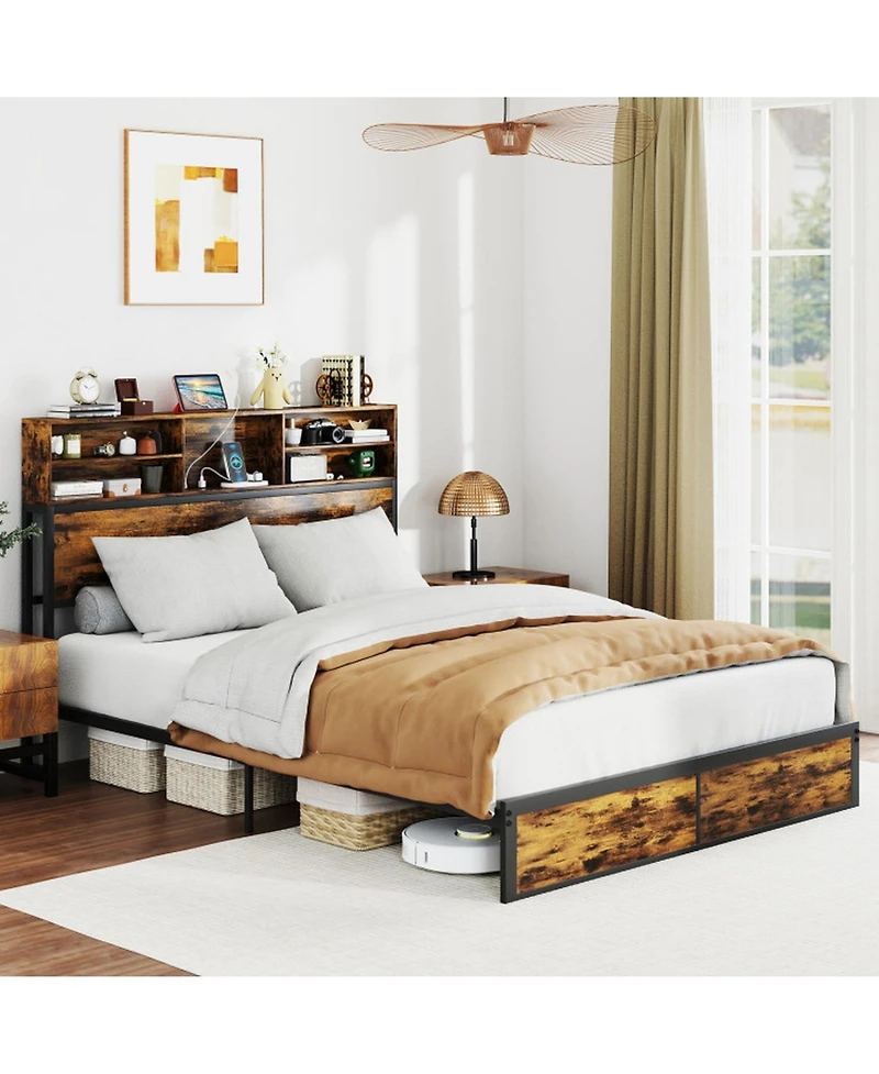 Sugift Queen Size Industrial Metal Platform Bed with Storage Headboard and Charging Station