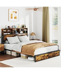 Sugift Queen Size Industrial Metal Platform Bed with Storage Headboard and Charging Station