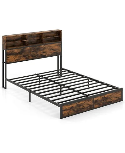 Sugift Queen Size Industrial Metal Platform Bed with Storage Headboard and Charging Station