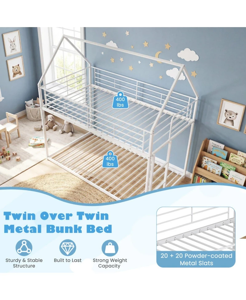 Sugift Twin over Twin House-Shaped Metal Bunk Bed with Roof and Ladder