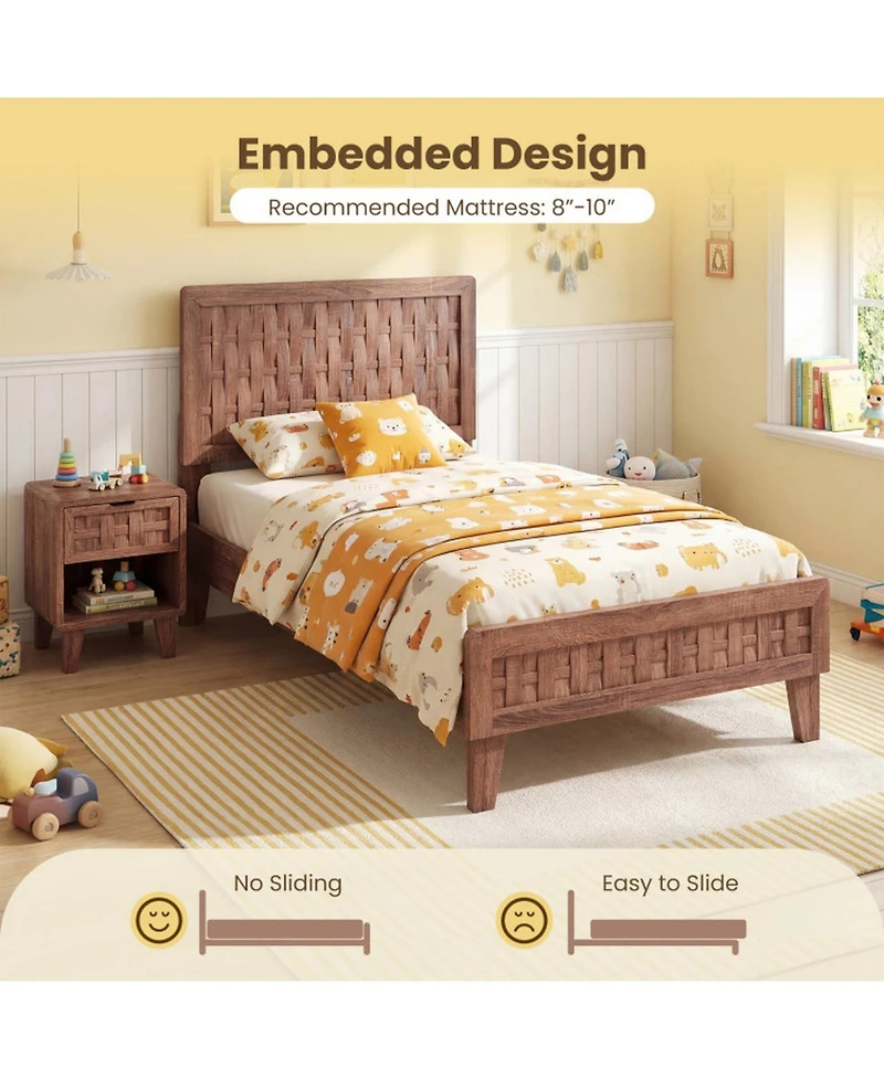 Sugift Twin Size Mid-Century Wood Bed Frame with Woven Accent Headboard