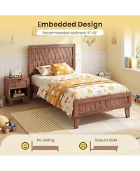 Sugift Twin Size Mid-Century Wood Bed Frame with Woven Accent Headboard