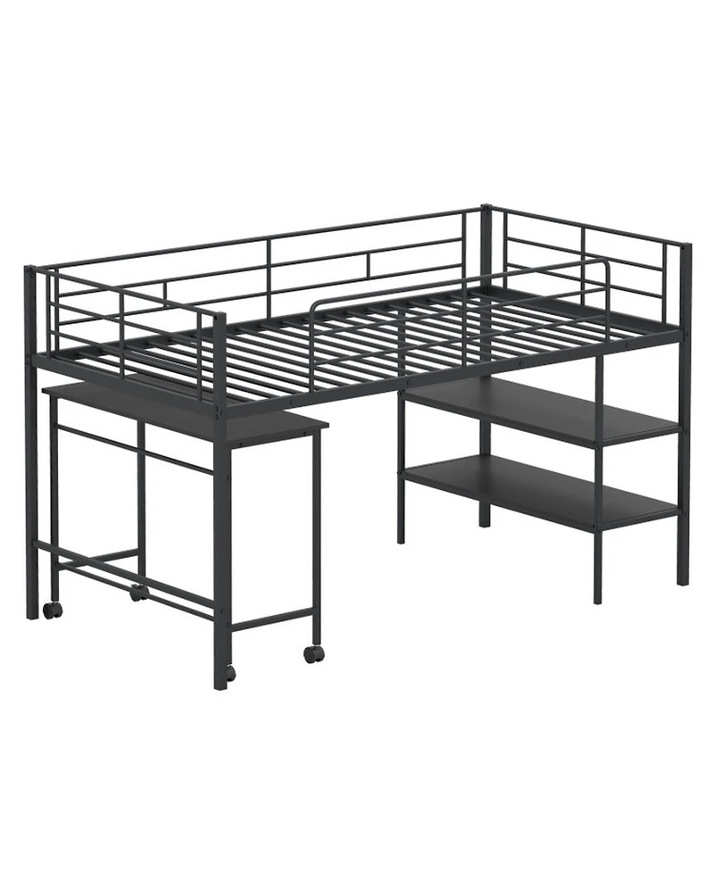 Sugift Twin Size Metal Loft Bed with Rolling Desk and Bookshelf Ladder