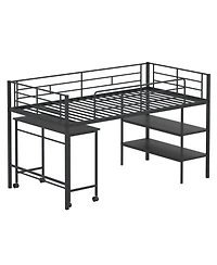 Sugift Twin Size Metal Loft Bed with Rolling Desk and Bookshelf Ladder