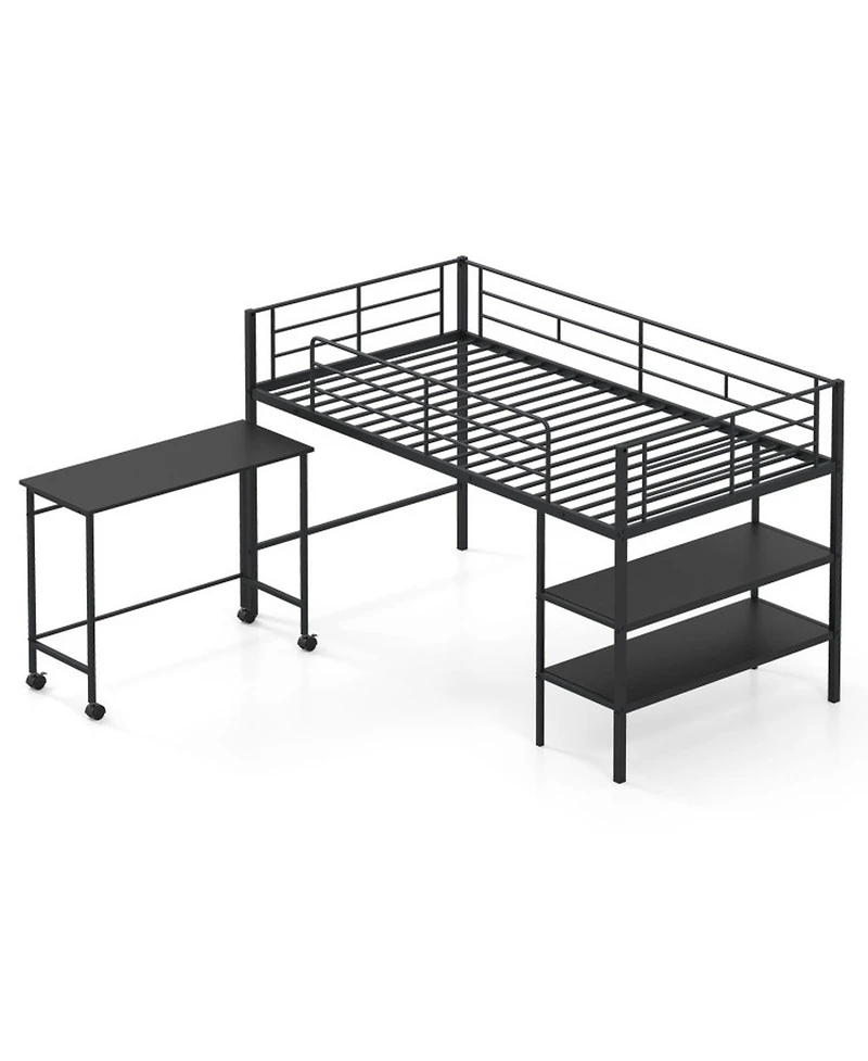Sugift Twin Size Metal Loft Bed with Rolling Desk and Bookshelf Ladder