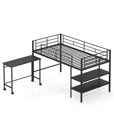Sugift Twin Size Metal Loft Bed with Rolling Desk and Bookshelf Ladder