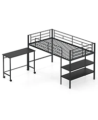 Sugift Twin Size Metal Loft Bed with Rolling Desk and Bookshelf Ladder