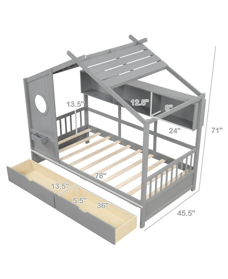 Sugift Twin Size Wooden House Bed with 2 Storage Drawers and Fence Guardrails