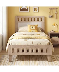 Sugift Twin Size Mid-Century Wood Bed Frame with Upholstered Headboard