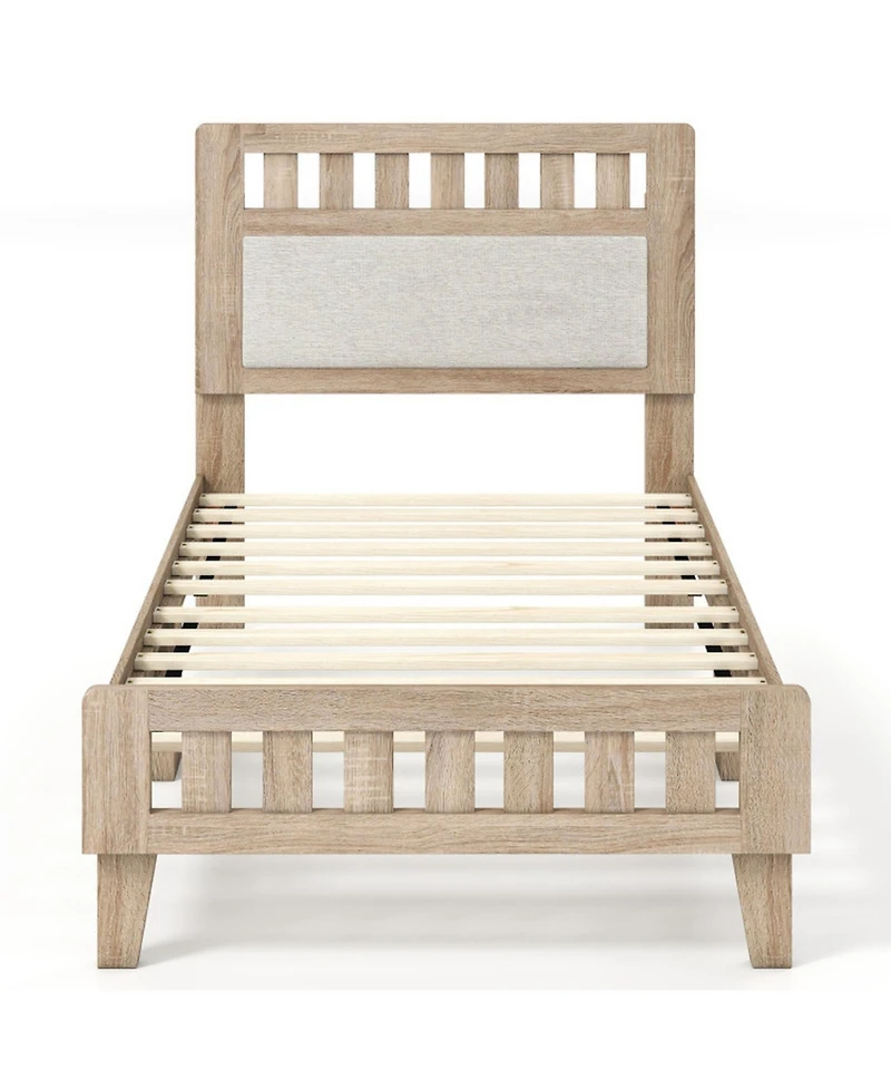 Sugift Twin Size Mid-Century Wood Bed Frame with Upholstered Headboard