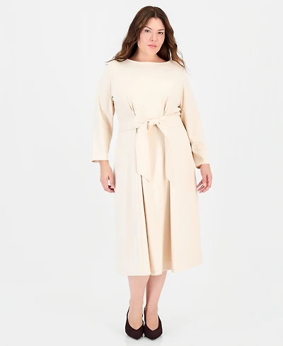 Anne Klein Plus Aline Tie Waist Midi Long-Sleeve Dress