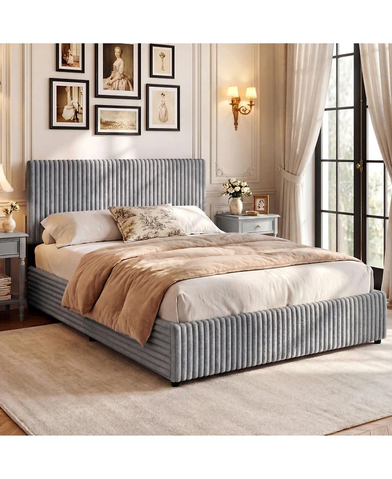 Sugift Queen Size Lift-Up Storage Bed with Upholstered Headboard and Slat Support