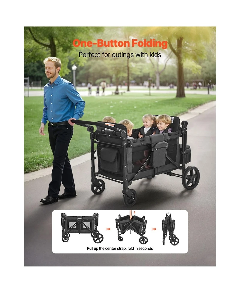 Mountaintop 4-Kid Wagon Stroller, Collapsible Push/Pull Cart with Canopy, Safety Harnesses & Adjustable Handle, 330lb Capacity