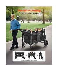 Mountaintop 4-Kid Wagon Stroller, Collapsible Push/Pull Cart with Canopy, Safety Harnesses & Adjustable Handle, 330lb Capacity