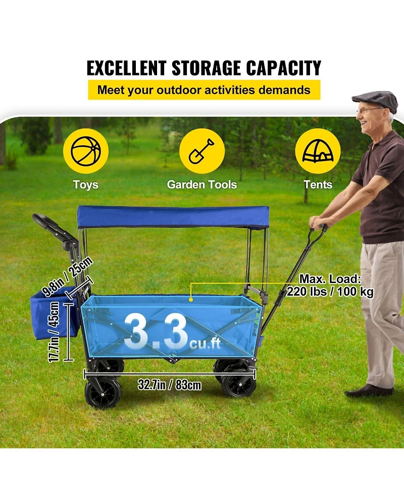 Mountaintop Extra Large Collapsible Garden Cart with Canopy, Rear Storage, Blue Foldable Wagon for Garden, Camping, Grocery, Shopping