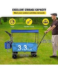 Mountaintop Extra Large Collapsible Garden Cart with Canopy, Rear Storage, Blue Foldable Wagon for Garden, Camping, Grocery, Shopping