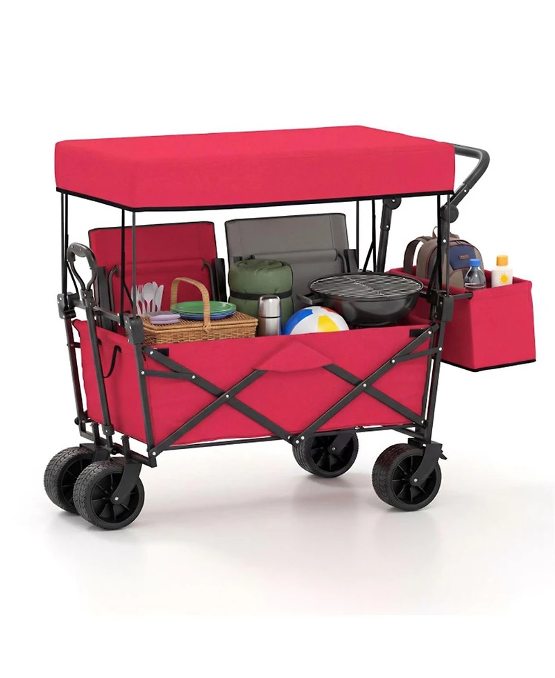 Mountaintop Foldable Utility Wagon,Adjustable Handle Outdoor Wagon, Puncture-Proof Wheels with Brakes, Removable Bag and Side Pockets-Red