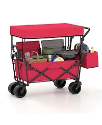 Mountaintop Foldable Utility Wagon,Adjustable Handle Outdoor Wagon, Puncture-Proof Wheels with Brakes, Removable Bag and Side Pockets-Red