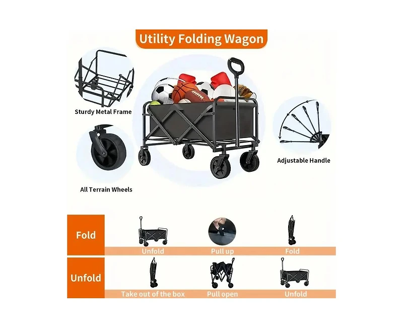 Mountaintop Foldable Utility Wagon Cart, 220lb Capacity, All-Terrain Wheels & Side Pockets for Beach, Garden & Camping.