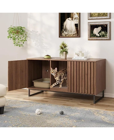 Vabches Double Room Large Cat Cabinet, Litter Box Furniture Hidden with Scratch Pad