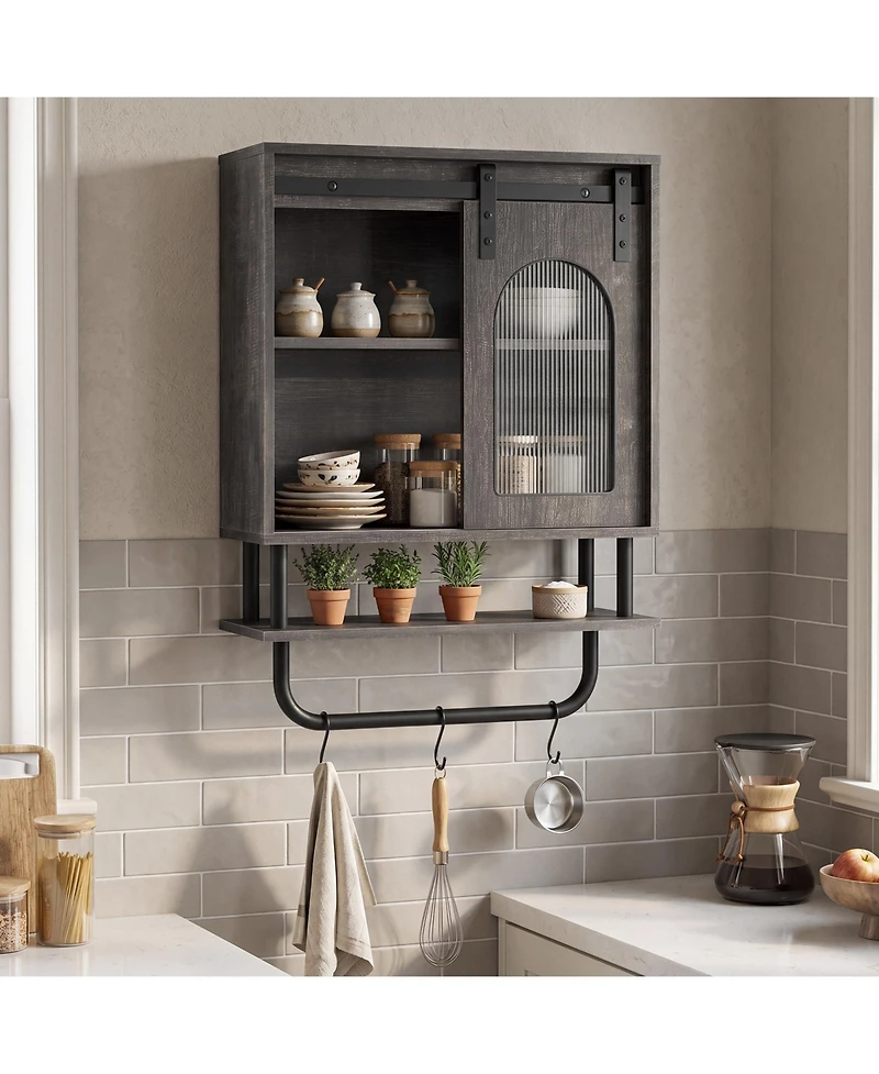 Costway Bathroom Wall Cabinet with Sliding Barn Door Metal Hanging Bar 3 Hooks for Kitchen