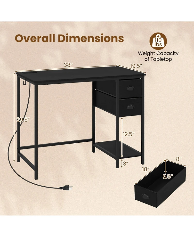 Sugift Computer Desk With Charging Station and 2 Fabric Drawers for Small Spaces