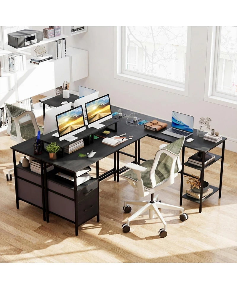 Sugift L-Shaped Reversible Computer Desk With Power Outlet Monitor Stand And 2 Foldable Drawers