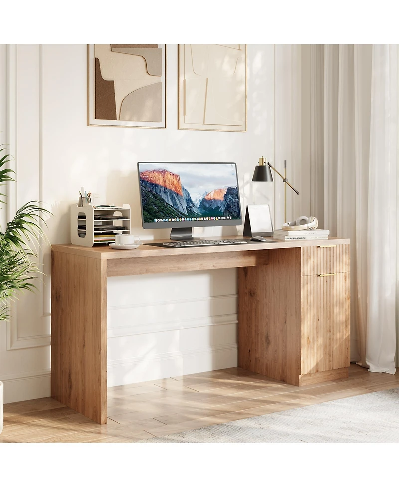 homfan 61" Farmhouse Executive Desk with Power and Usb, Drawers, Fluted Cabinet, Adjustable Shelf