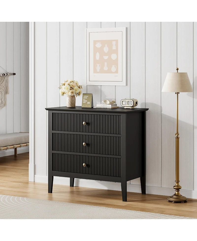 homfan Modern 3-Drawer Storage Chests, Grooved Panel Cabinets with Metallic Pull Handles, Freestanding Storage Furnishings for Bedroom, Living Room